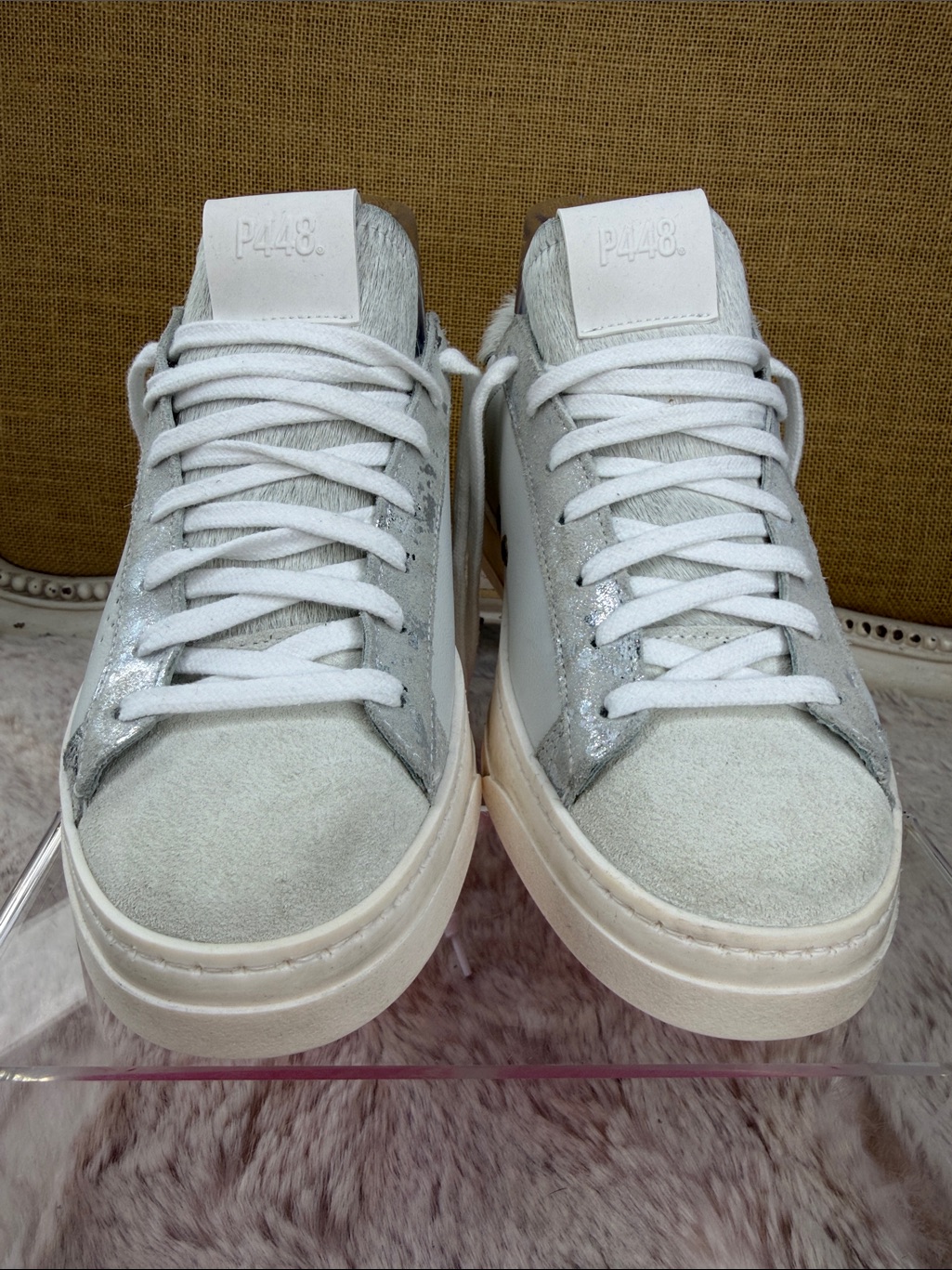 P448 | Light Gray & White Suede Sneakers With Silver Glitter & Pony Accents — image 7 of 8